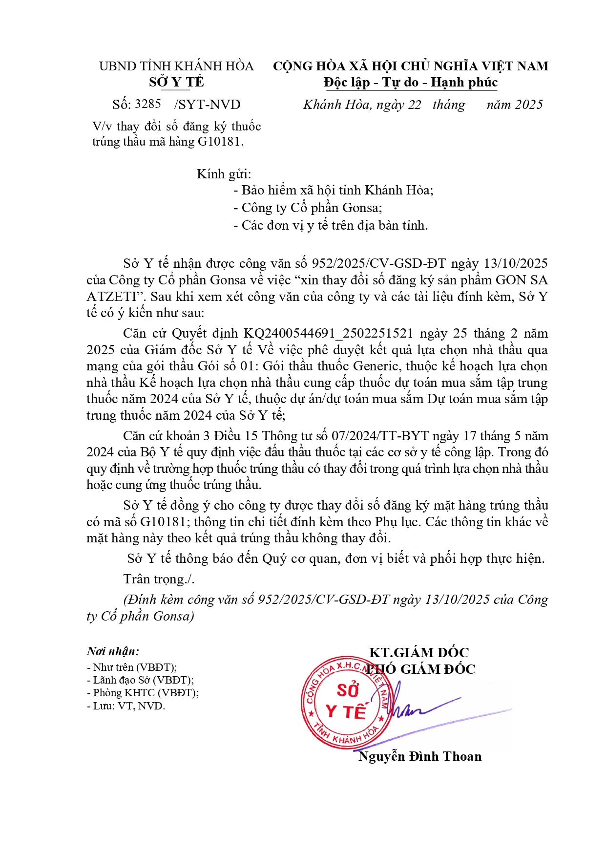 V/v thay đổi số đăng ký thuốc trúng thầu mã hàng G10181